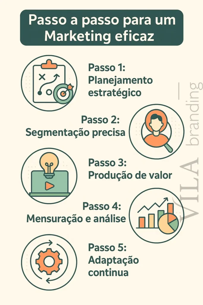 Infográfico mostrando o passo a passo para um marketing eficaz. Construido pela VILA Branding.