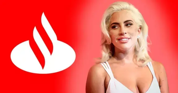 Lady Gaga sobre fundo vermelho e a logo do Santander ao lado