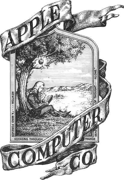 Primeiro logo da Apple mostra um quadro com Isaac Newton sob uma árvore e uma maçã prestes a cair envolto a uma faixa com os escritos "Apple Computer Co."