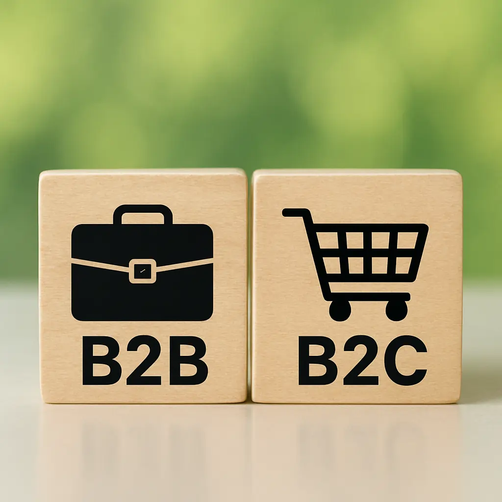Dois cubos marrons em ambiente claro. No da esquerda está escrito "b2b" e mostra uma maleta, enquanto o da direita mostra o termo "b2c" sob um carrinho de compras de supermercado.