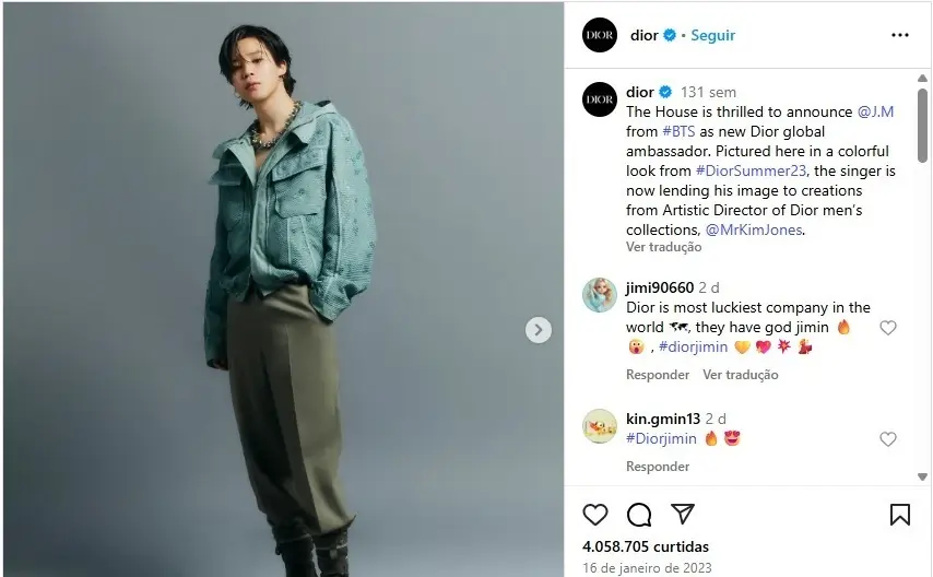 Foto de tela mostrando post de Instagram da conta da Dior.