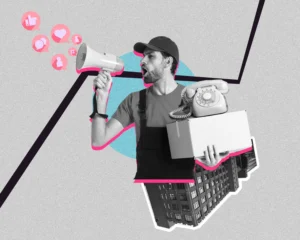 Homem com megafone representando o inbound marketing e um telefone representando o outbound.
