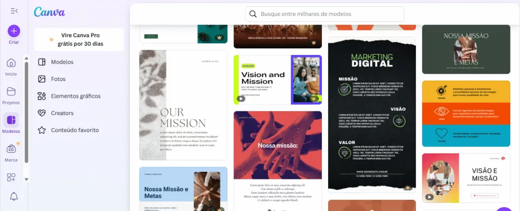 Foto de tela do Canva mostrando os templates para página de missão, visão e valores.