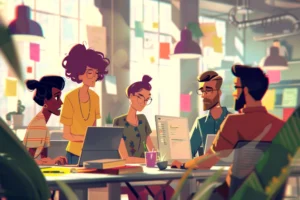 Cartoon ilustrando um time de marketing reunido em uma escritório colorido.