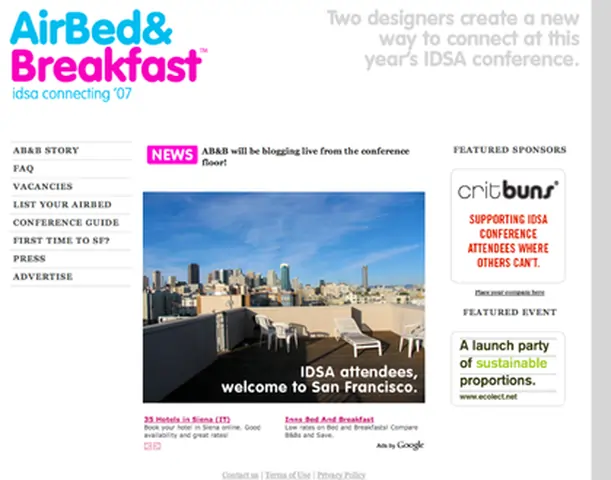 Foto de tela da primeira versão do site do Aribnb que se chamava AirBed & Breakfast.