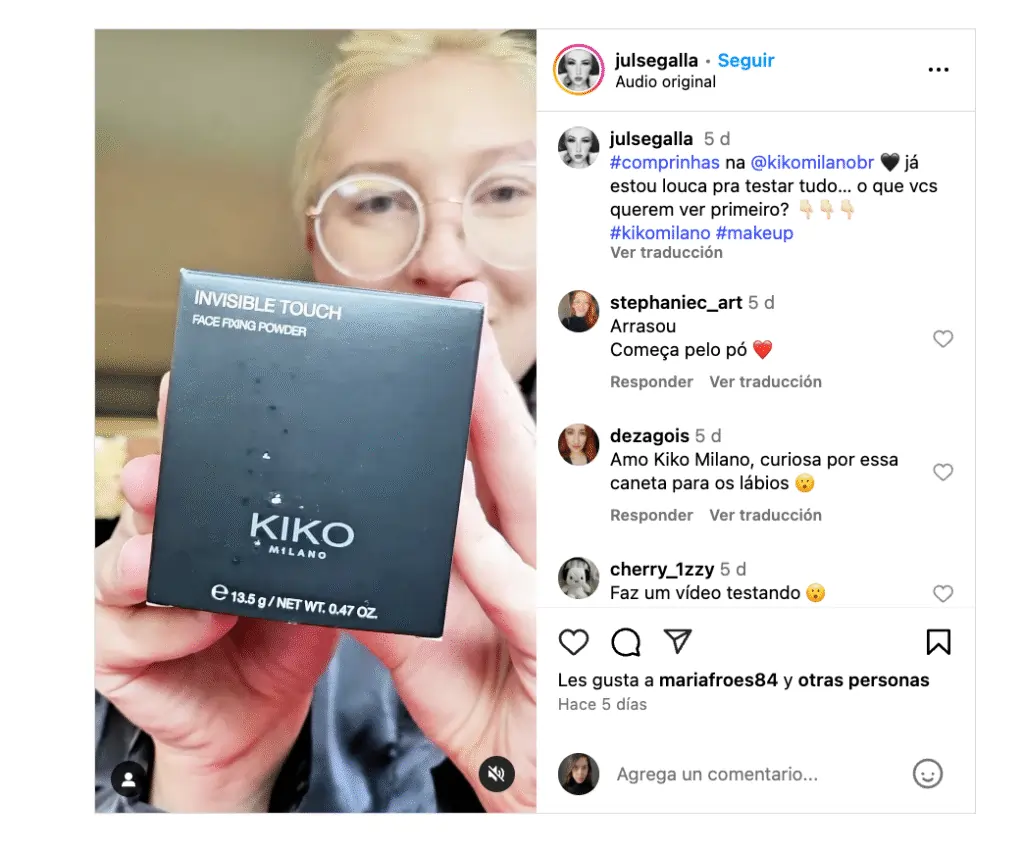 Foto de tela do Instagram mostrando post de @julsegalla mostrando caixinha da Kiko Milano.