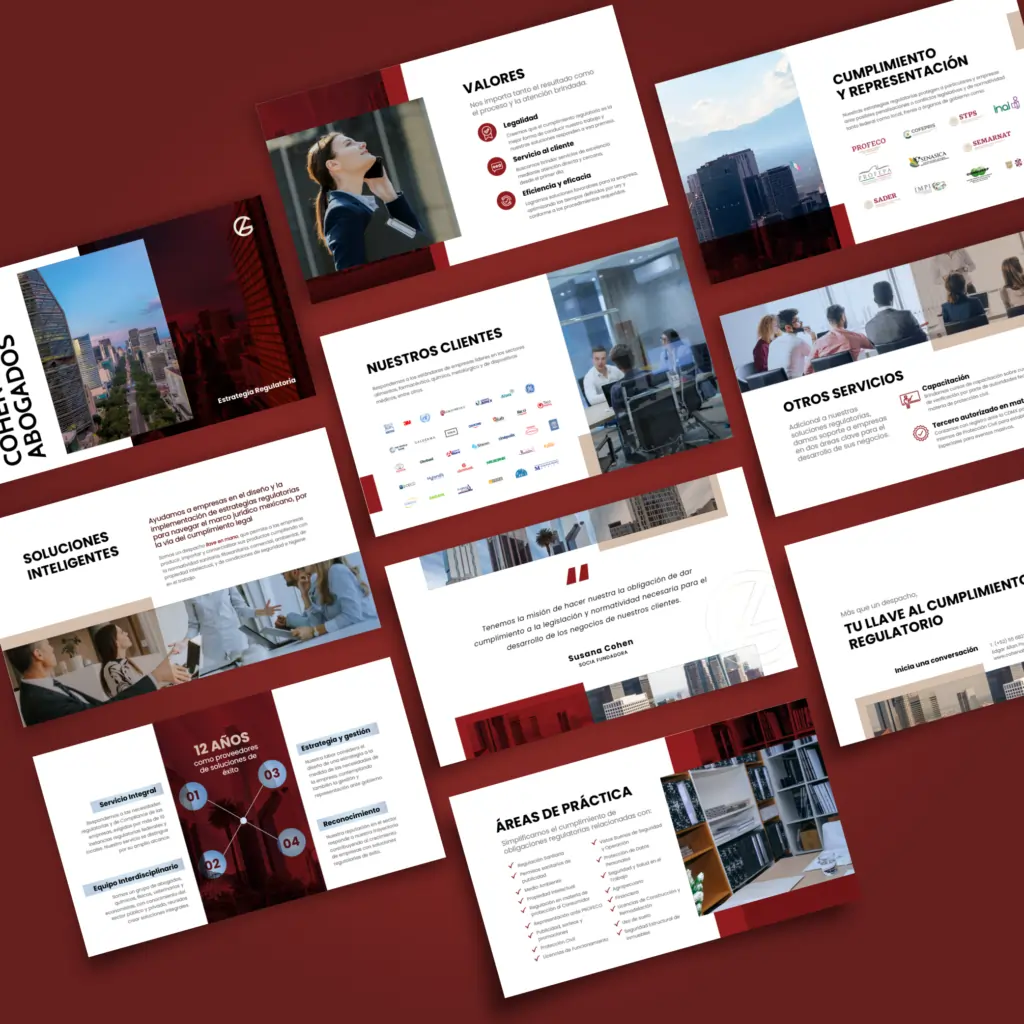 Identidade visual da marca Cohen com predominância vermelho, mostrando a aplicação da marca em materiais visuais.