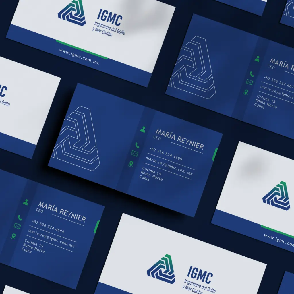 Identidade visual da marca IGMC com predominância do azul, mostrando a aplicação da marca em materiais visuais.